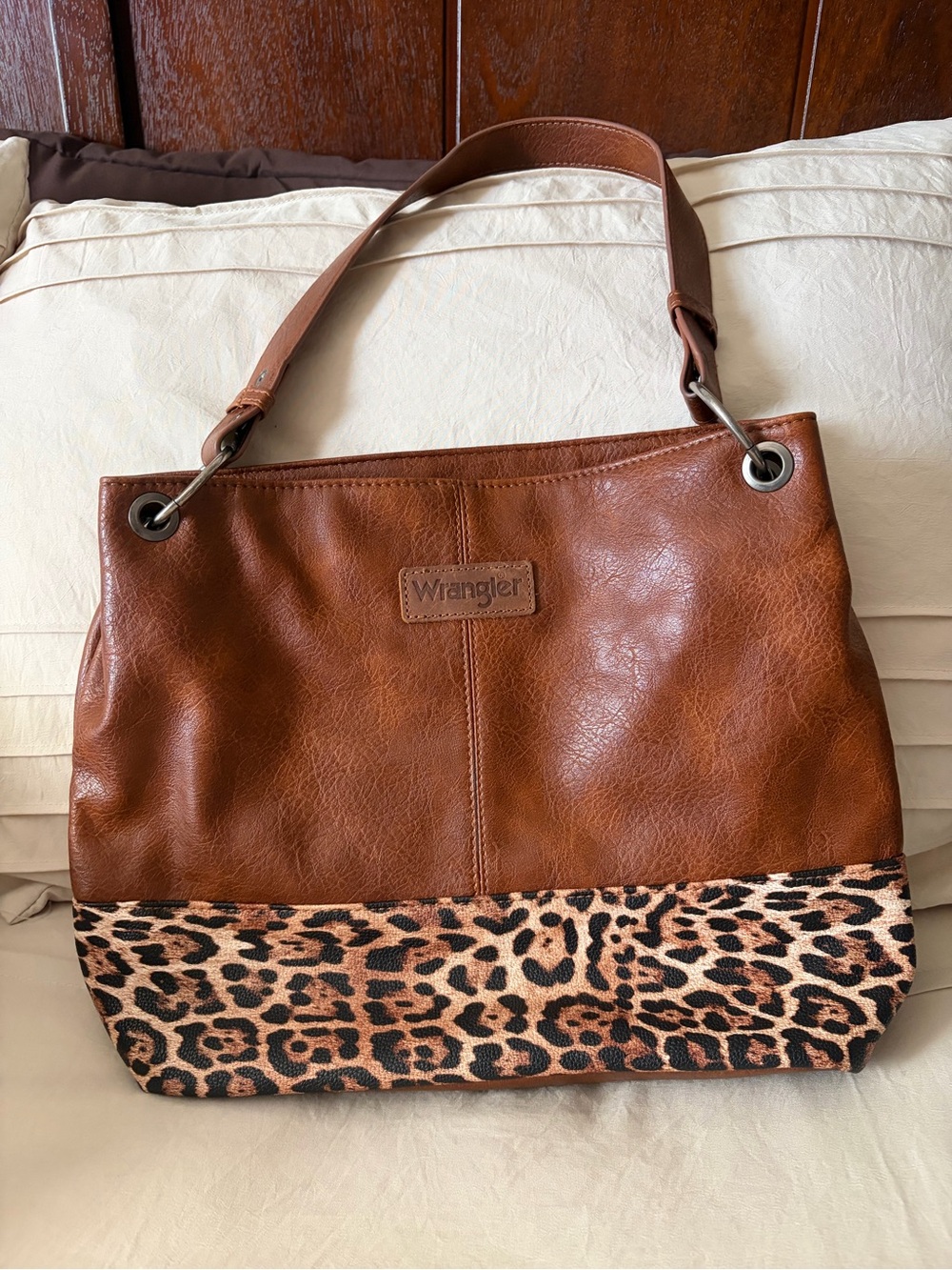 Wrangler Brown Shoulder Bag with Leopard Print Trim